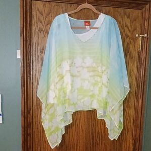 Women's Hearts Of Palm V Neck Tank With Summer Colored Semi Sheer Cape Overlay